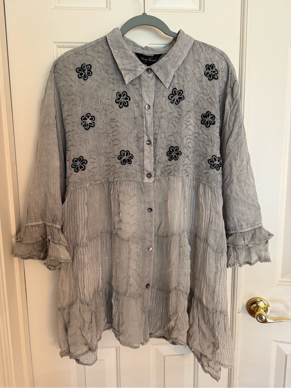 Young Threads Artsy Embroidered Button-Front Tunic Top - Gray